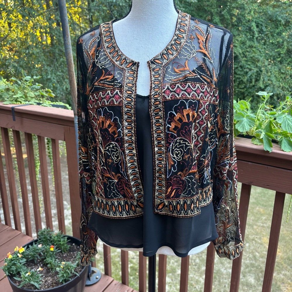 Chico’s Boho Sheer Mesh Embroidered Open Front Cardigan, Size Large, NWT